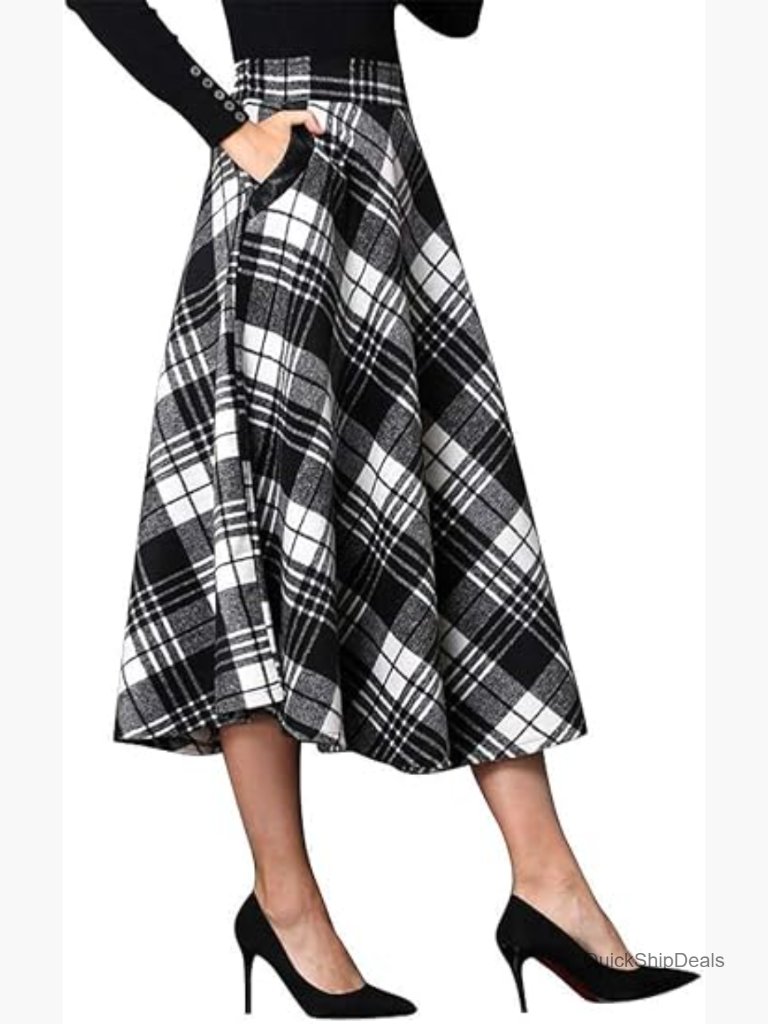 Wool Blend Plaid A-Line Midi Long Skirt Elastic Waist High Rise Fall Winter